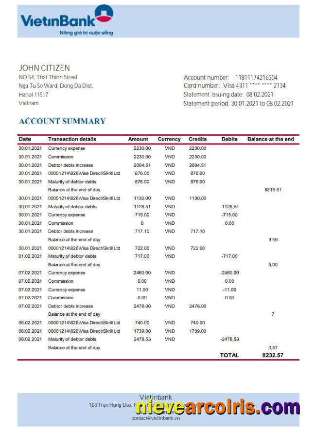Vietnam Vietinbank excel pdf
